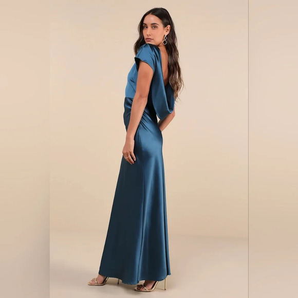 Lulus Captivating Presence Dark Teal Satin Cowl Back Maxi Dress L Wedding Party - Picture 3 of 10